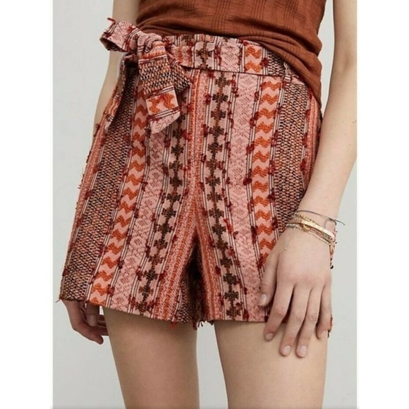 ANTHROPOLOGIE Eva Franco Textured Shorts Removable Belt Sz 4 Orange Motif NWT - Picture 1 of 9